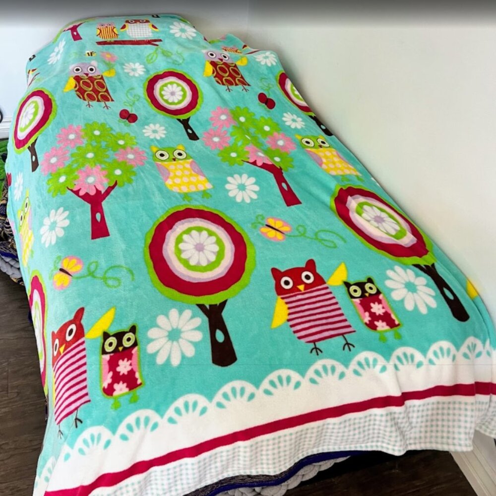 Whimsical TWIN XL Smiling Home colorful plush blanket throw owl fleece 58x96